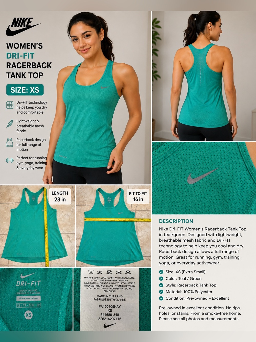 Nike Women’s Dri-FIT Racerback Tank Top XS Teal Green Mesh Running Athletic